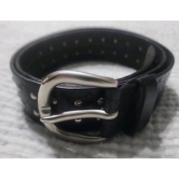 Fossil Black Leather Belt Size Medium Silver Color Buckle And  Studded Stamp Des - Picture 1 of 16
